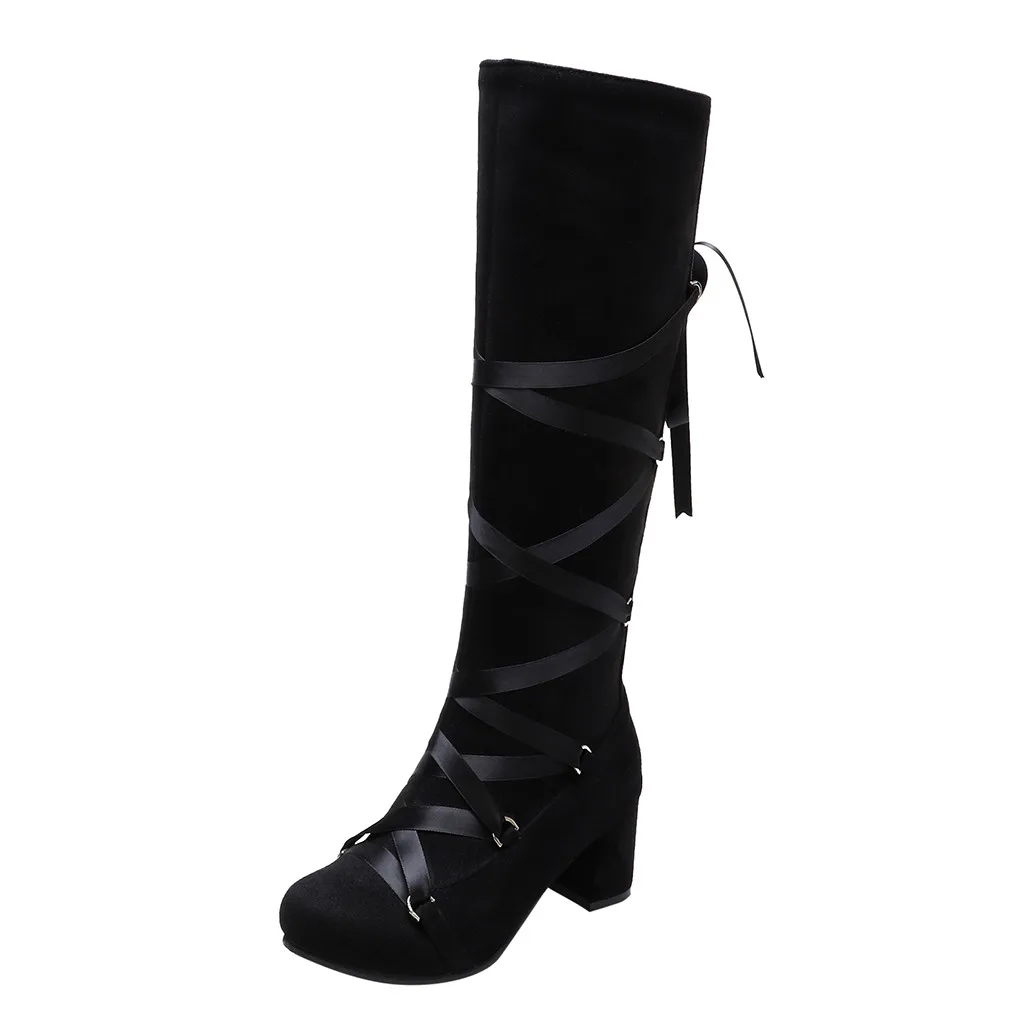 Черный Ladies cross straps knight boots high heel suede temperament handsome European and American style large size high boots - Цвет: Черный