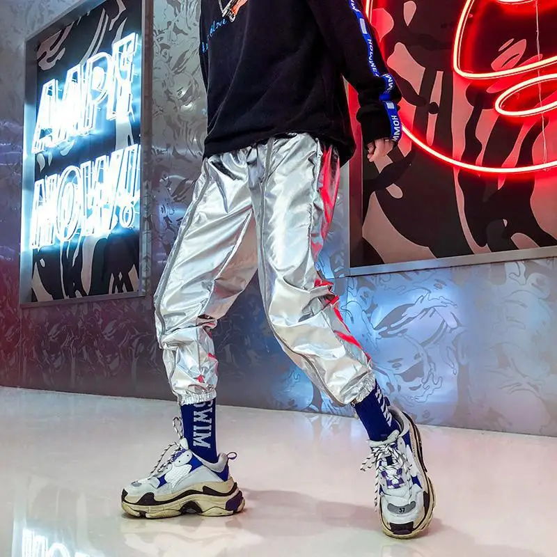 M-3XL эластичная талия сценические обтягивающие брюки мужские однотонные хип хоп Уличная мода свободная длина по щиколотку брюки мужские яркие