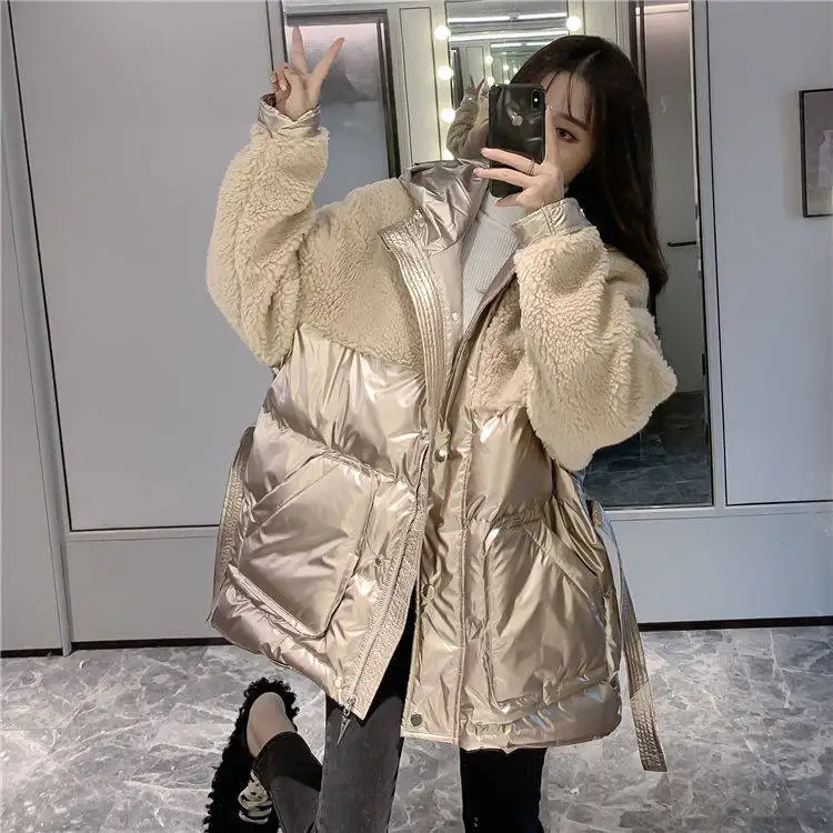 Heydress женские зимние толстые парки со стоячим воротником модные замшевые лоскутные куртки из овечьей шерсти Женские повседневные свободные глянцевые куртки