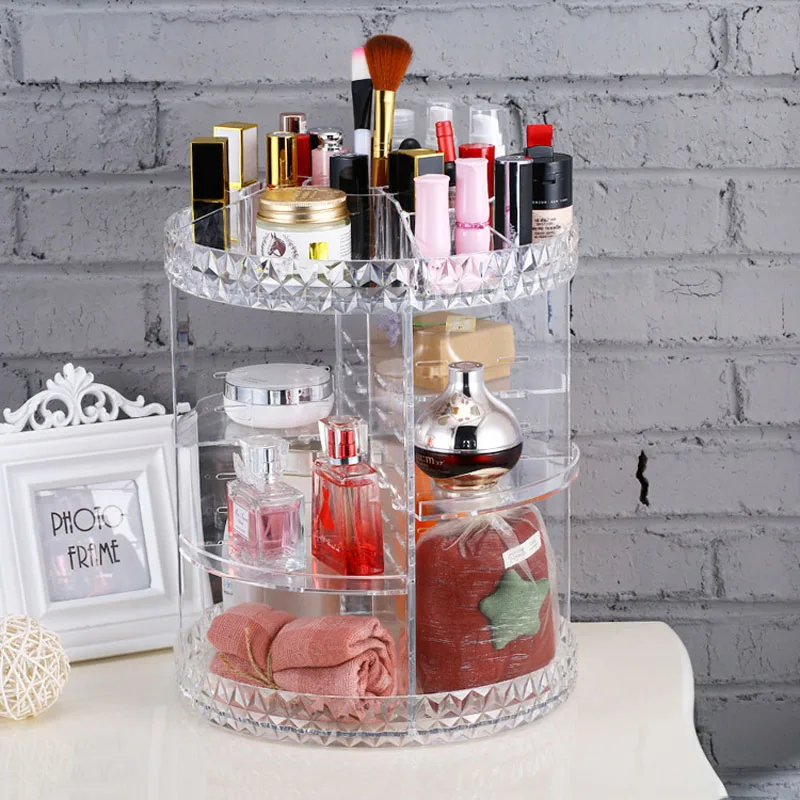 

Rotate 360 Degrees Round Transparent Makeup Frame Storage Box Acrylic Skincare Cosmetics Diamond Pattern Storage Rack 5 Layers