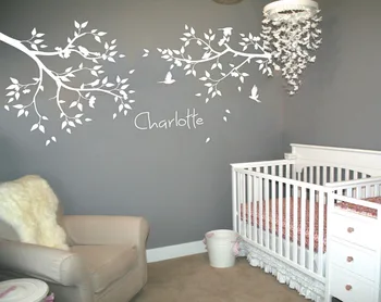 

Customizable name Large Tree Branches Wallpaper Murals Flying Birds White Tree Wall Decal Baby Nursery Wall Tattoo Stickers Q50