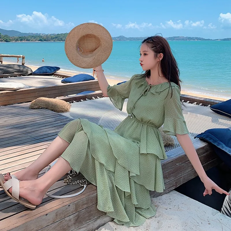 

Photo Shoot Main Push Egg Sweet Green Polka Dot Ruffled Collar Lace-up French Xianxian Skirt Douyin Cake Dress