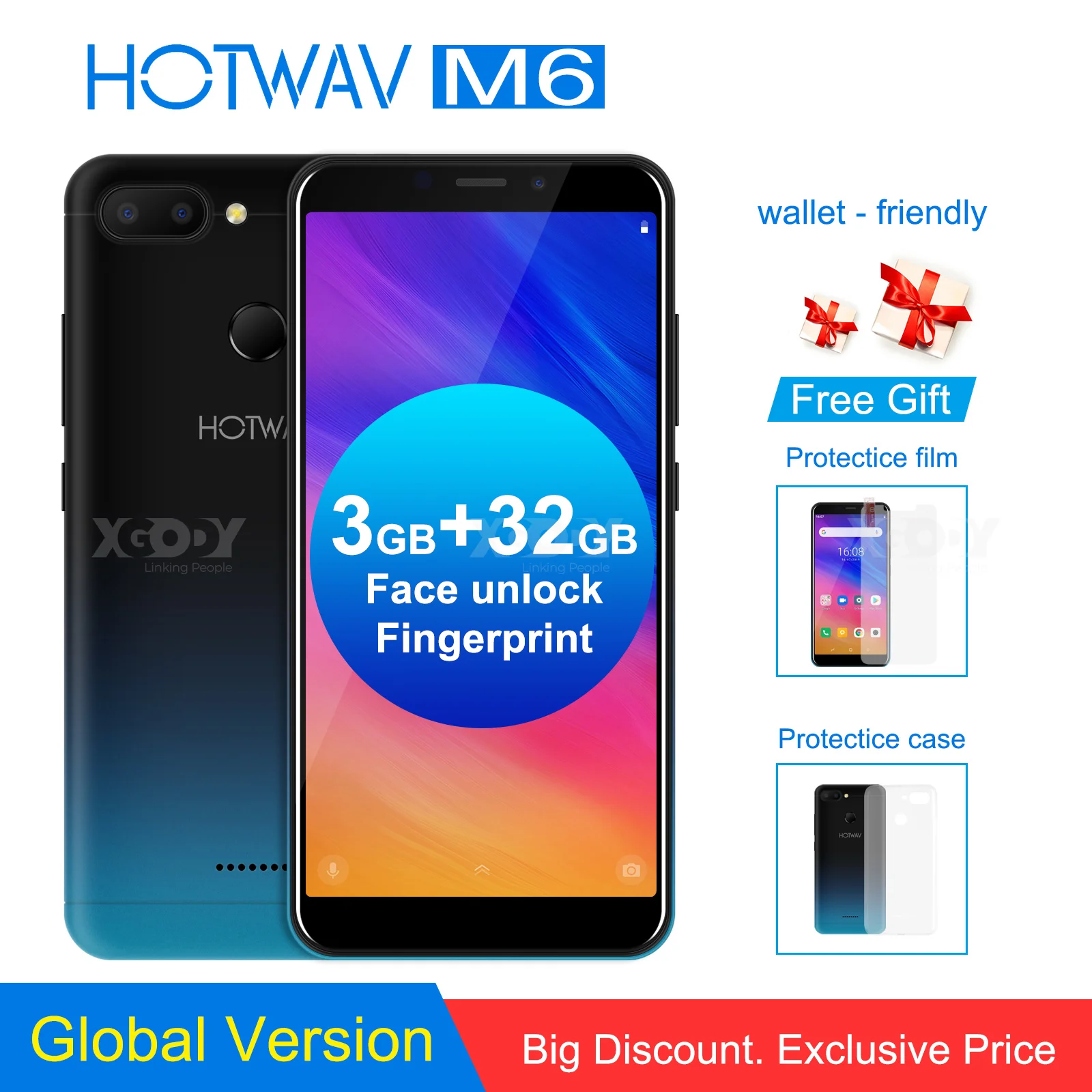 Xgody HOTWAVM6 5 ''Android 9 0 18:9 MT6739 3 ГБ 32 смартфон отпечаток пальца лица ID полный экран В/1A