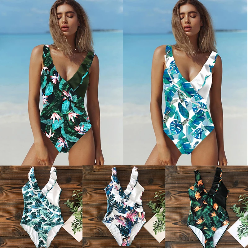 

2019 Vintage Ruffle One Piece Swimsuit Women Flounce Monokini Floral Swimwear Push Up Bathing Suit Print Bodysuit Beach Wear