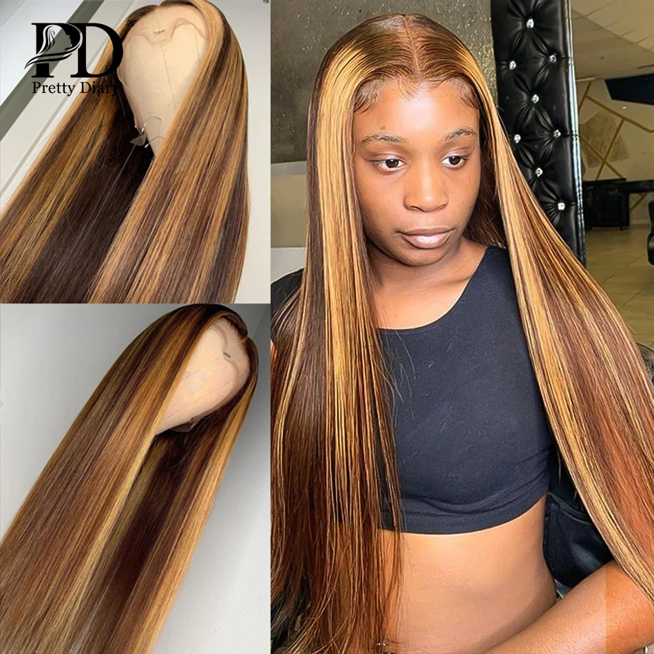 Peluca de cabello humano liso para mujer negra, postizo de encaje Frontal sin pegamento, pelo Remy brasileño predespuntado de color ombré