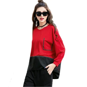 

2020 Streetwear Loose Long Sleeve Shirt Woman patchwork Color fashion womens tops and blouses for female with O neck