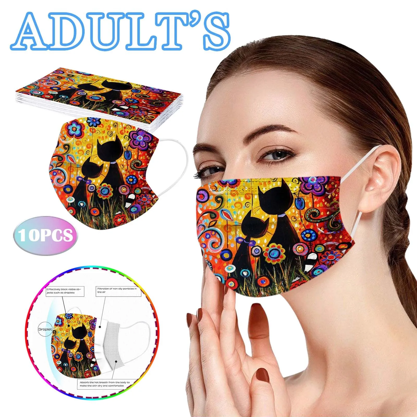 10pc Adult Flowers Cat Cartoons Printing Three-layer Disposable Mask Mascarillas Christmas Mascherine Masque jetables Cosplay 2