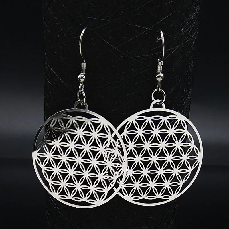 Flower of Life Stainless Steel Dangle Earrings Women Silver Color Earring Jewelry joyas de acero inoxidable para mujer E1558S02