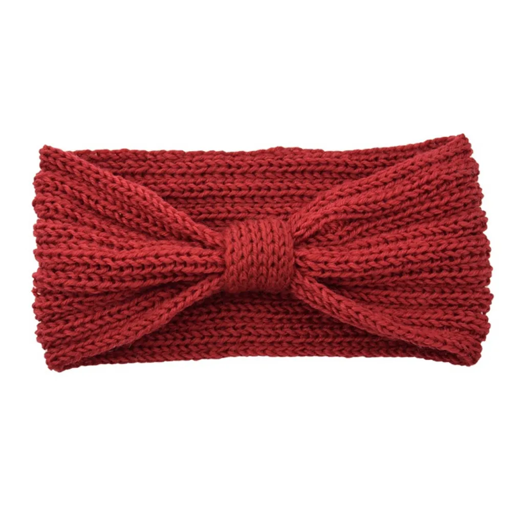 Зимняя теплая вязаная повязка на голову с ушками, тюрбан для женщин, вязаная крючком винтажная широкая эластичная повязка для головы, аксессуары для волос - Цвет: Красный