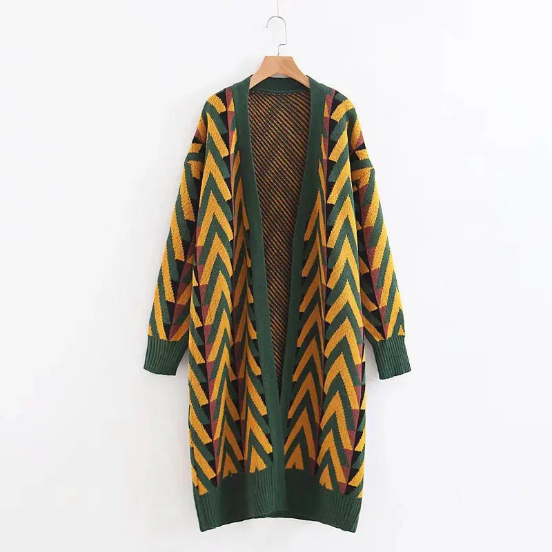 New Autumn Winter Casual Striped Knitting Trench Coat Women Street Style Open Stitch Jackt Classic Long Female Windbreaker - Цвет: Зеленый