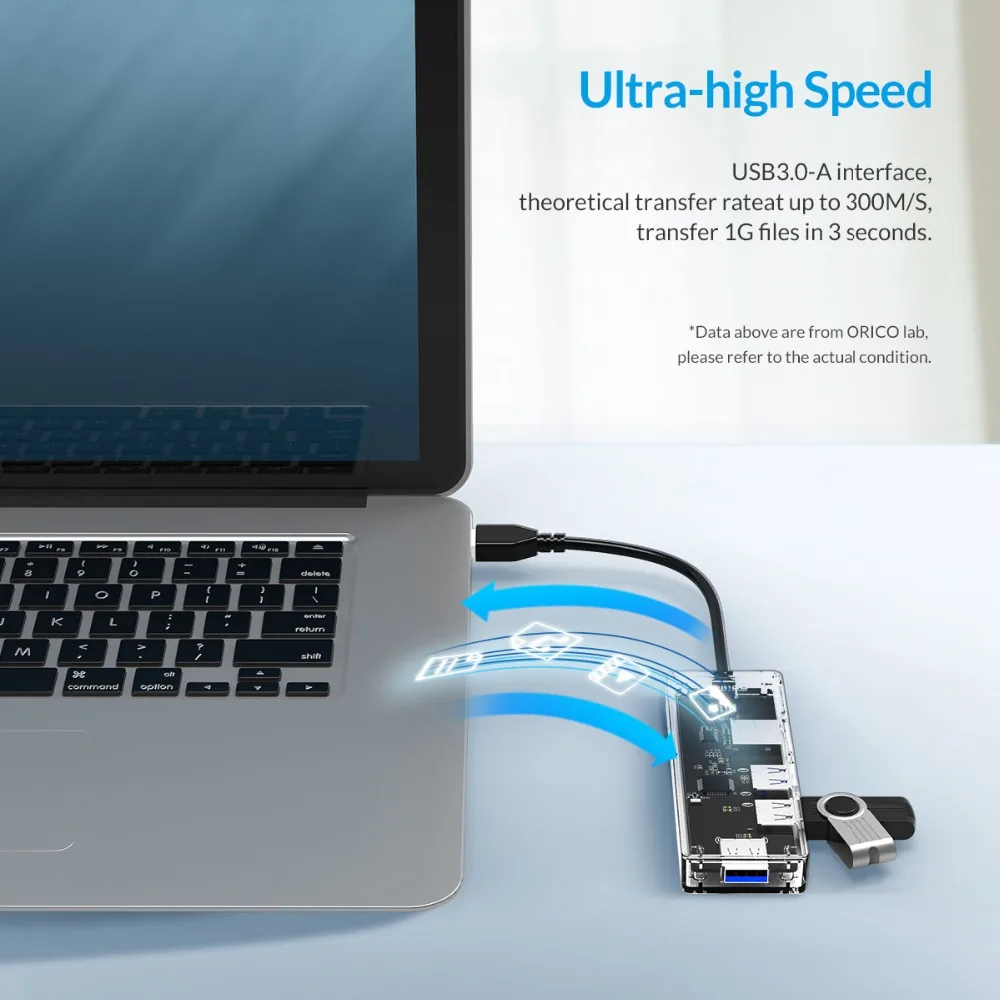 Orico, USB 3,0, концентратор, прозрачный, 4 порта, USB 3,0, концентратор, кард-ридер, Hab, станция, док-станция для ноутбука, ПК, для чтения карт памяти SD, TF