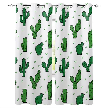 

Cartoon Cactus Green Window Curtains LivingRoom Kitchen Curtains Left and Right Biparting Open