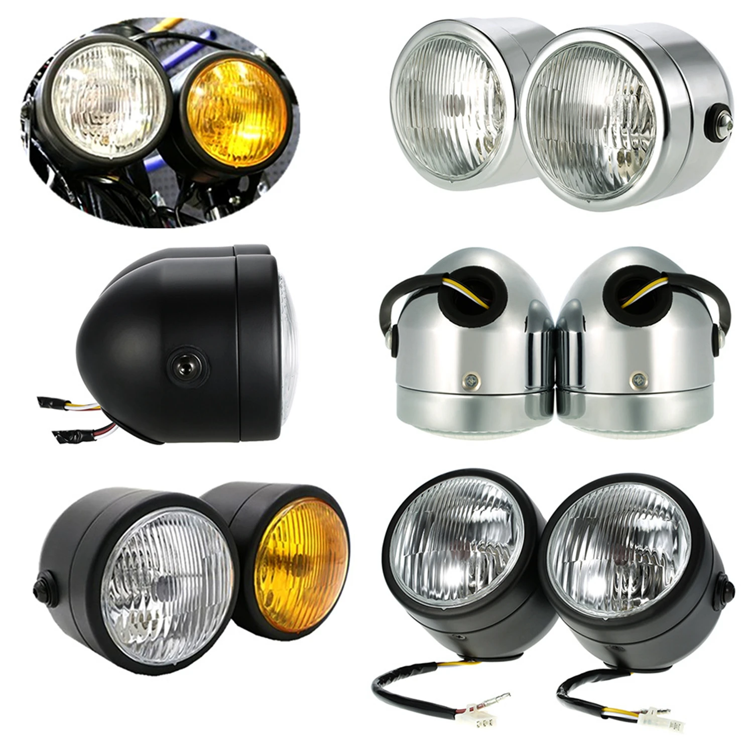 

DC 12V Motorcycle Electric Bicycles Vintage Round Front Parts 4 Inch Chrome Double Headlights for Harley Road Glide Davidsion