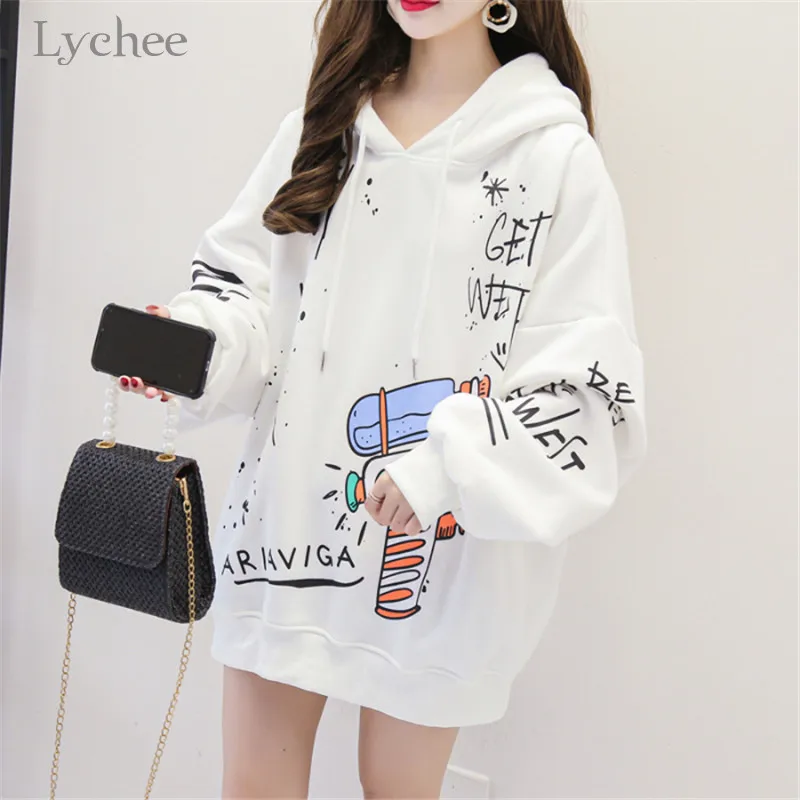 Lychee Harajuku Свободные повседневные женские флисовые толстовки пуловеры граффити Женская толстовка с капюшоном осенние женские флисовые толстовки
