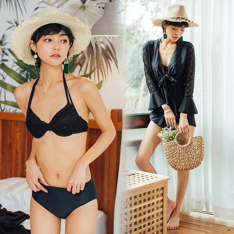 

-Split Type Three-piece Set Bathing Suit Women's Korean Style Modest Fashion Slimming Belly Covering Beach Holiday Bikini Swimwe