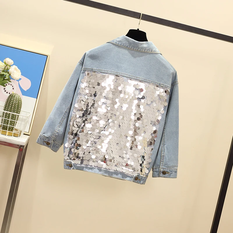 

5XL fat sister new winter women's fashion personality loose sequined denim jacket