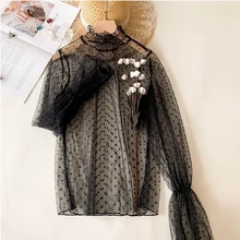 

Women Perspective Lace Blouse Elegant Formal Embroidery Long Sleeve Polka Dot Shirt Office Lady Flower Hollow Female Chemise Top