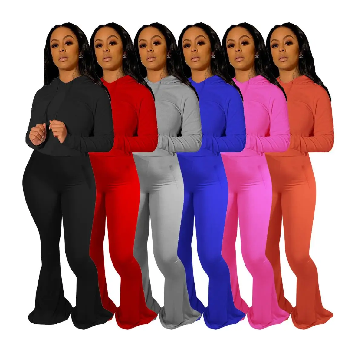 

Active Wear Women's Set Hooded Tops Wide Leg Flare Bellbottom Pants Suit Tracksuit Sport Two Piece Set Fitness Outfit