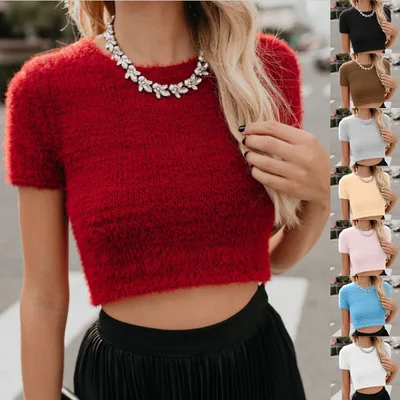 

Autumn Winter Knitted Tops For Women Short Sleeve O-neck Pullovers T-shirts Ladies Crop Top