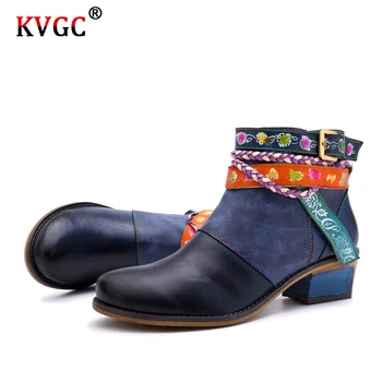 

KVGC 2020 New Genuine cowhide Leather Girls Boots fashion high quality Vintage Ankle Boots elegant Zipper All-match Women Shoes