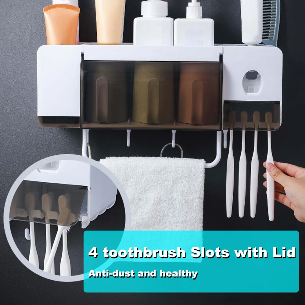Toothbrush Holder Wall Mounted Automatic Toothpaste Squeezer Cups Towel Holder Wall Hanger Bathroom Organizer Toothbrush Rack