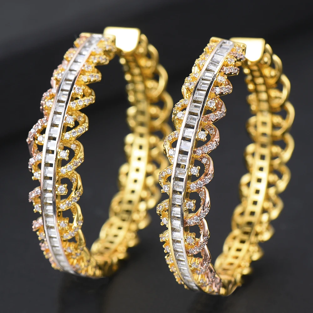 LARRAURI Luxury Hollow Flowers Cubic Zirconia Statement Big Hoops Earrings For Women Wedding DUBAI Bridal Circle Hoop Earrings