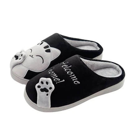 Dropshipping Women Winter Home Slippers Cartoon Cat Shoes Soft Winter Warm House Slippers Indoor Bedroom Lovers Couples YYJ220 - Цвет: Черный