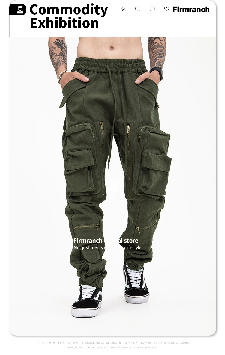 Firmranch News 2021 Army Green Multi-Pocket Functional Cargo Tactical Casual Pants High Street Legging Bib Overall Dungarees black cargo joggers