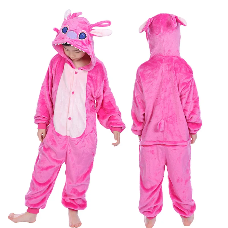 20 NEW kids kigurumi animal dinosaur unicorn pajamas set winter hooded soft Stitch Christmas sleepwear kids girls boys jumpsuit - Цвет: Stitch Pink