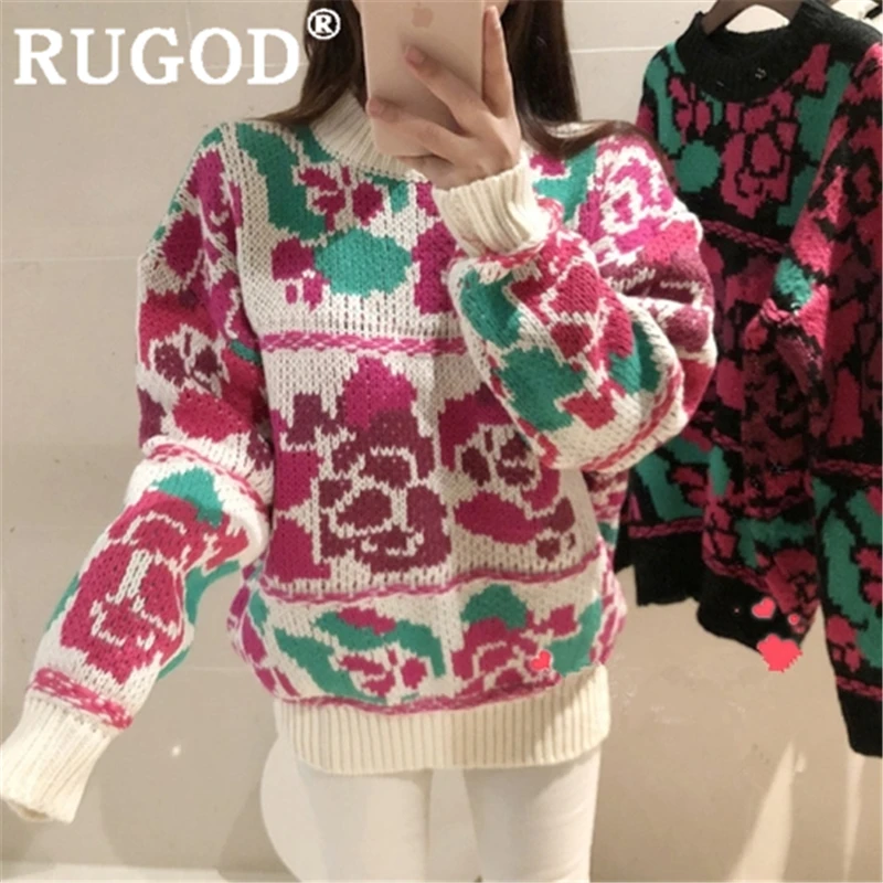 

RUGOD Women floral pattern sweater pullover o neck knit loose warm thick sweater 2019 winter snow fashion female elegant modis