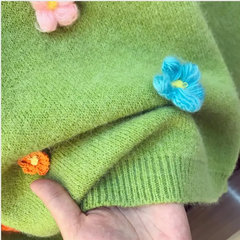 Милый 3D цветок свитер с аппликацией с юбкой комплект спортивный костюм для женщин Круглый Вырез Свободный пуловер свитер+ кожаная юбка наборы