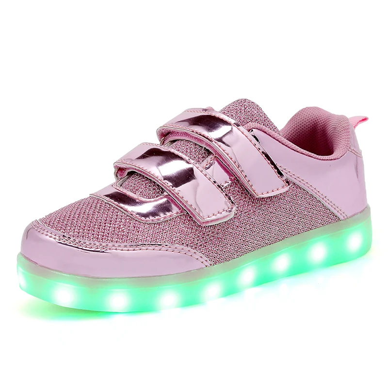 Зимняя светящаяся обувь для мальчиков, золотой, серебряный крючок цвета, светодиодные кроссовки с петлей для девочек, зарядка через usb, Детский Светильник, обувь, модные стили - Цвет: A01 pink