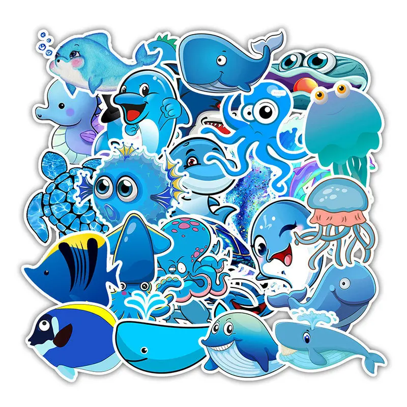 49PCS/set Blue Ocean Cartoon Marine Animal FISH Doodle Stickers for Laptop TV Fridge Bicycle Waterproof Decal Toy for Kids