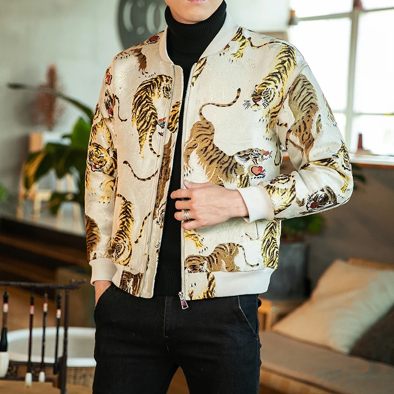JK88Beigetiger Осенняя куртка, утолщенная винтажная Мужская куртка, Chaquetas Hombre Corta Vientos Hombre Ropa Hombre, Свободное пальто с вышивкой животных - Цвет: JK88Beigetiger