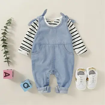 

Brand New Baby Set Newborn Baby Boy Girl Stripe Ear Shirt Denim Bib Pants Jumpsuit Overall Cotton Pocket Free Shipping Hot 2019