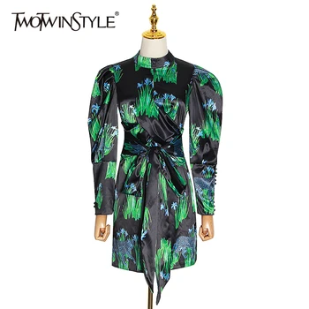 

TWOTWINSTYLE Elegant Print Women Dresses Stand Collar Puff Sleeve High Waist Lace Bow Hit Color Dress Female Fashion Fashion New