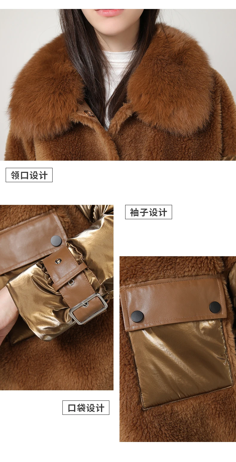 PTSLAN Women's Real Wool Fur Jacket Duck Down Coat Hooded New fashion