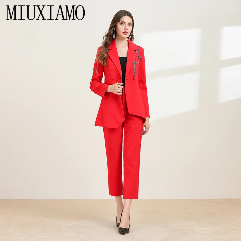 MIUXIMAO, высокое качество, осенняя мода, отложной воротник, длинный рукав, красная куртка+ длинные штаны, офисный женский костюм