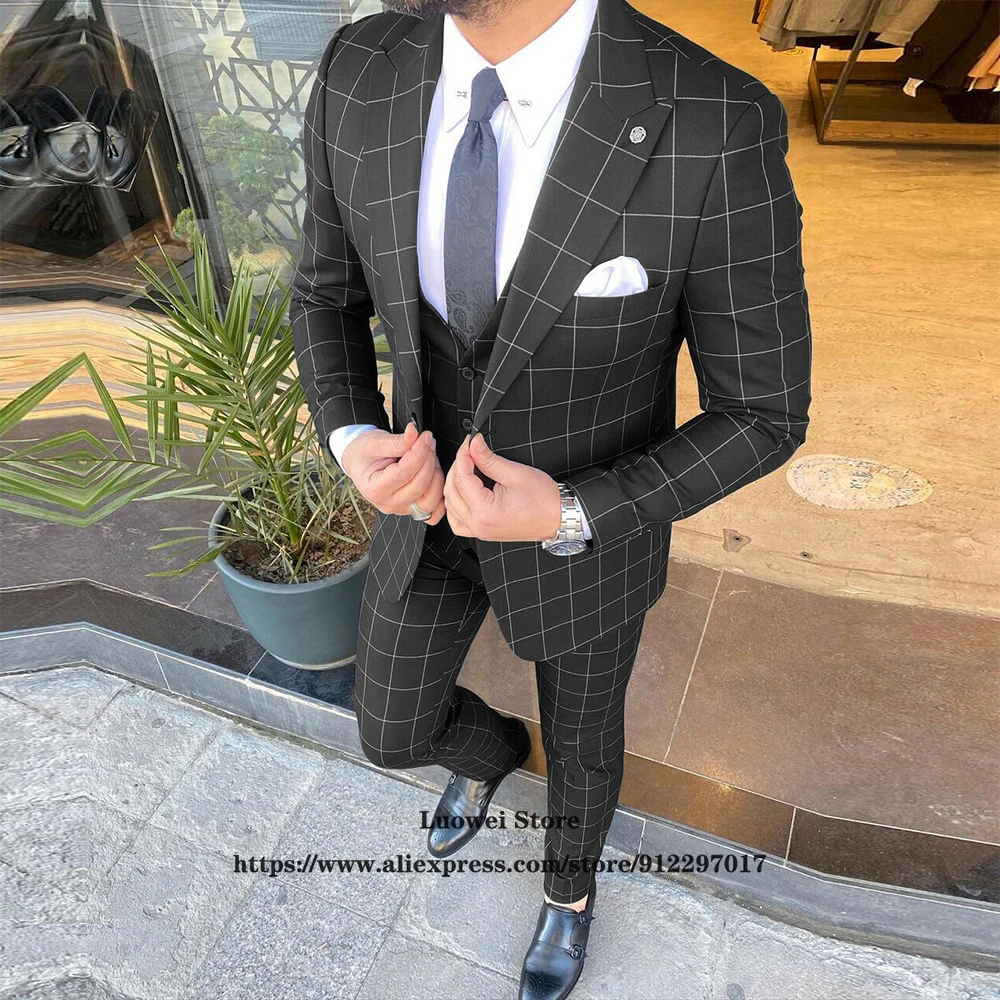 Fashion Plaid Slim Fit Mens Suits 3 Piece Jacket Vest Pants Set Groom Wedding Prom Peaked Lapel Tuxedo Formal Business Blazer