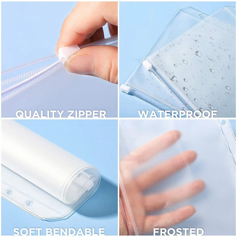 투명 파일 홀더 표준 투명 PVC 루즈 리프 파우치, 방수 예산봉투, 지퍼 바인더, 노트북 플래너, A6, 10 개