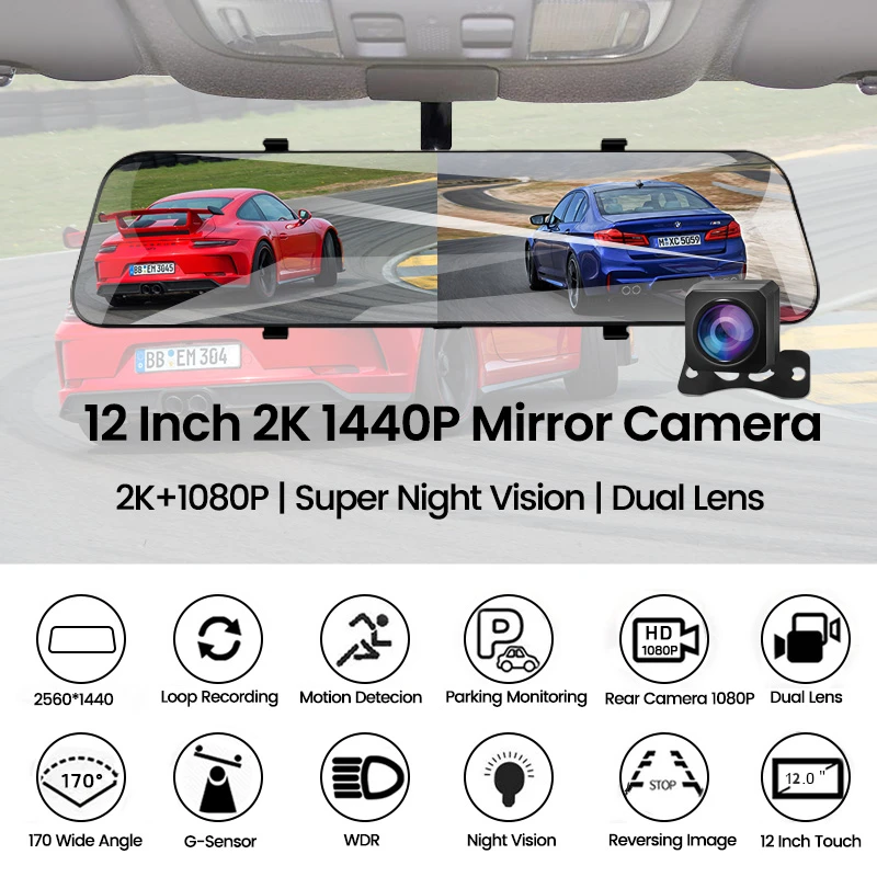 US $62.95 E Ace Car Dvr 12 Inch Stream Media Rearview Mirror 2k Night