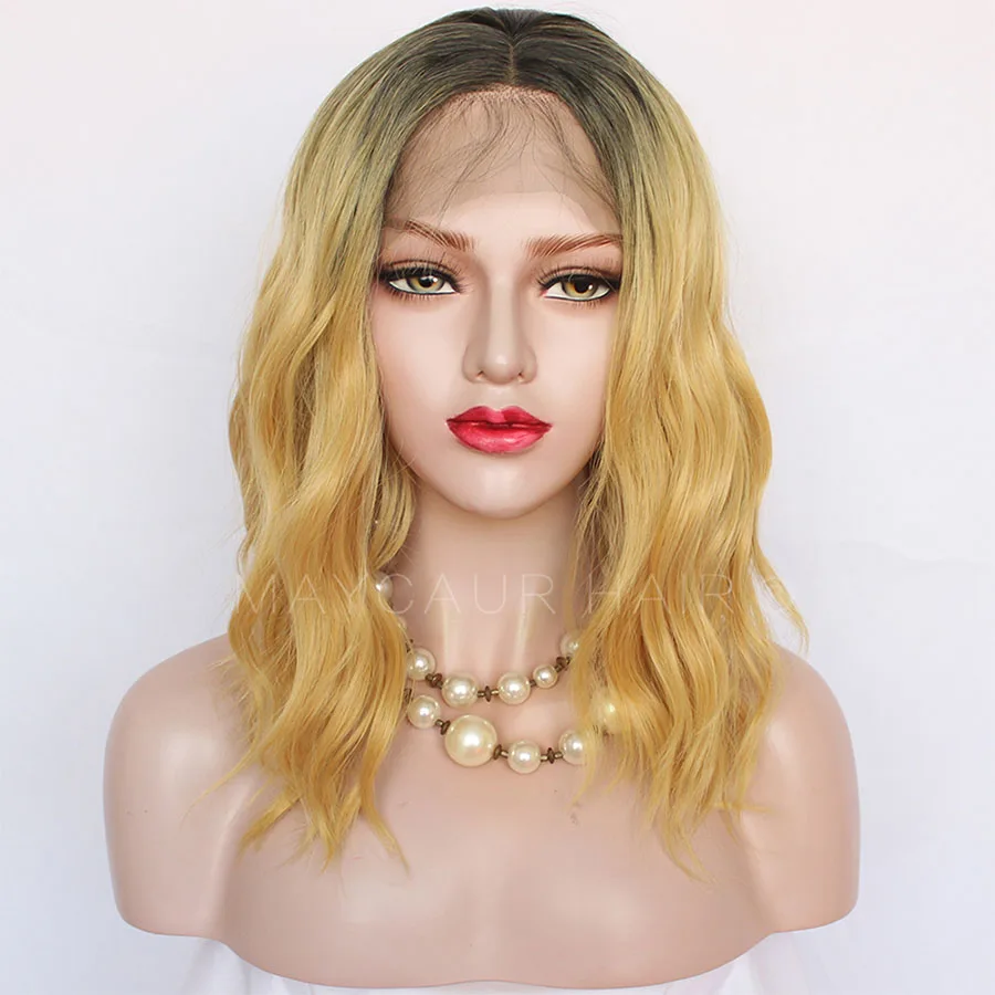 Maycaur Black Yellow Short Bob Lace Front Wigs for Black Women Synthetic Heat Resistant Soft Fiber Hair Wavy Wigs (3)