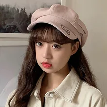 Осенне-зимняя восьмиугольная шапка, утолщенный берет с вышитыми смайликами, повседневная шапка дикого художника, Вельветовая шапка для газетных мальчиков, Остроконечные шапки