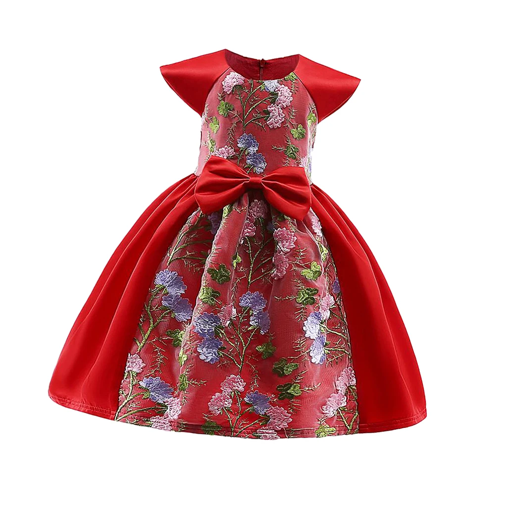 Floral Embroidery Red Satin Dress Princess Pageant Formal Dress for Girls Toddlers