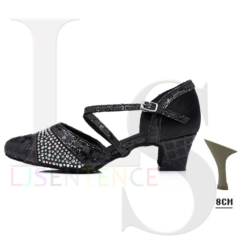 Black 8 cm Черные стразы; модные туфли для бальных танцев; туфли для латинских танцев; женские туфли на высоком каблуке с мягкой подошвой; устойчивые туфли для латинских танцев; L412 - Цвет: Black 8 cm