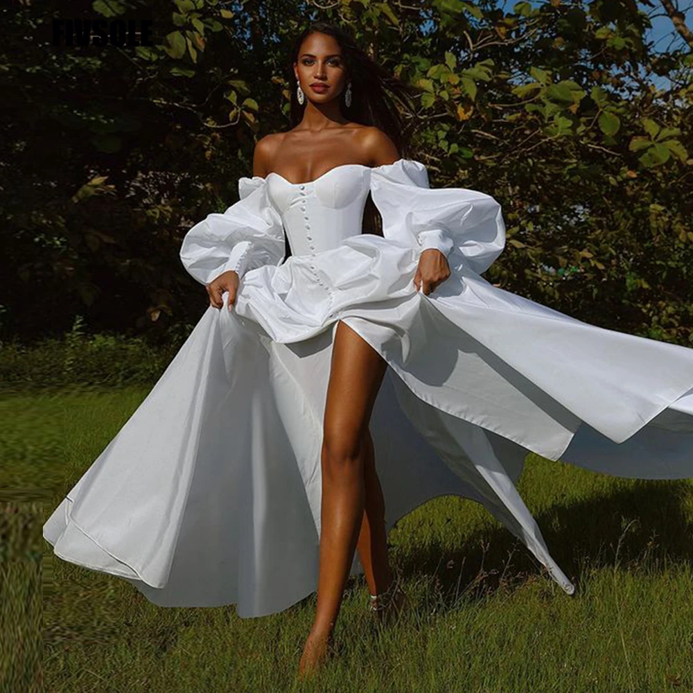 

Fivsole Boho Wedding Dress Puff Sleeves Bride Dress Vintage Satin Wedding Gowns Plus Size Corset Sweet платье vestido feminino