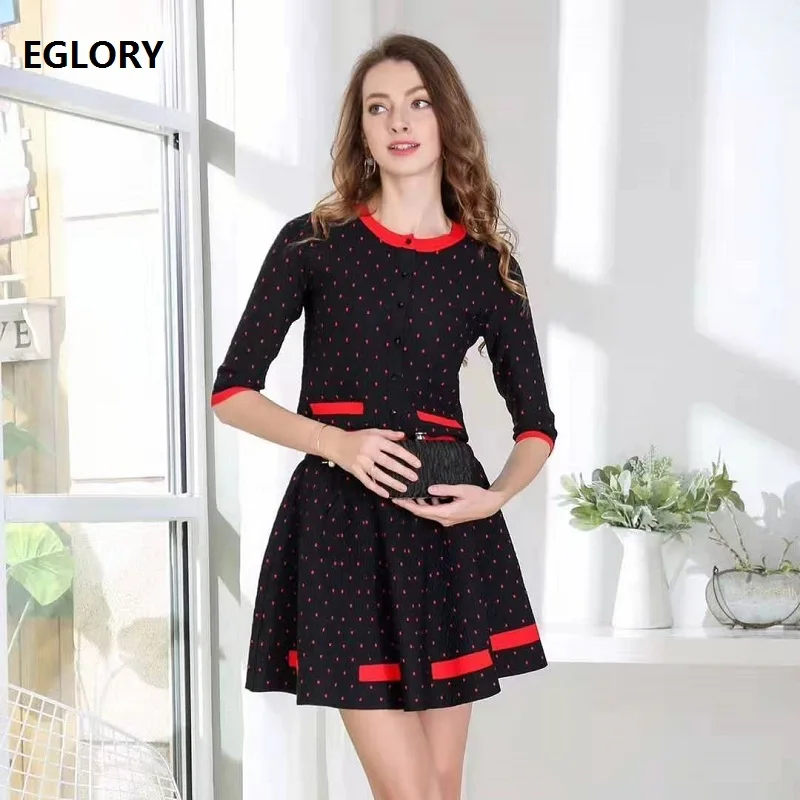 

High Quality Sweater Skirt Sets 2019 Autumn Polka Dot Knitted Cardigan Coat+Color Bock Mini A-Line Skirt Suit Set Sweaters Ladie