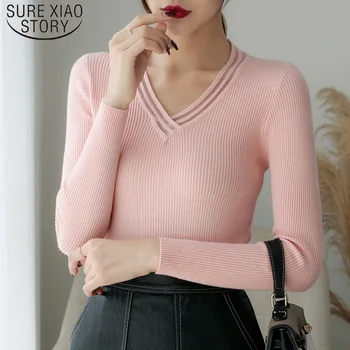 

2019 Slim Solid Long Sleeve Sweater Autumn Fashion Women Mesh V-neck Sweater Blue Women Sweater Sueter Mujer Invierno 6042 50