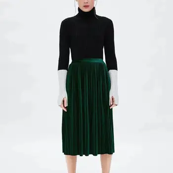 

ZA 2020 spring women solid dark green pleated velvet long skirt chic fashion casual highstreet female maxi skirt woman clothes