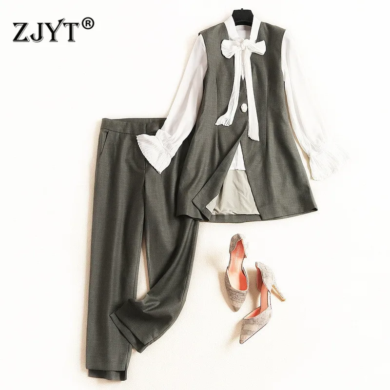

Elegant Lady Office Pants Set Autumn Fashion Designers Bow Collar Blouse+Long Vest+Trousers Suit 3pcs Clothes Sets ol Outfits